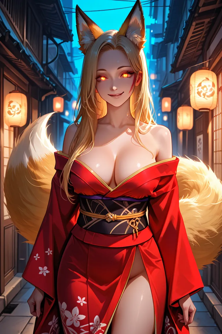  mysterious woman in a red kimono stands at the end of a narrow Kyoto alley at night. Her face is beautiful but unsettling, with golden, glowing eyes and a sly smile. The moonlight casts an eerie glow, revealing a fox tail peeking from behind her kimono