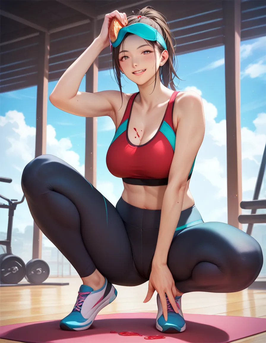 score_9,score_8_up,realistic,1 girl crouching,panties_Food, panties on head,sports bra,  yoga pants,viewer,mask,Japanese woman、Full Body Image、Outfits with cloudy liquid、Naughty smile