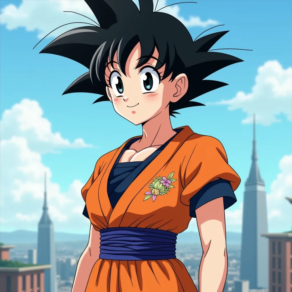 Goku wearing her famous short sleeve kimono orange women's version with big breasts and short spiked black hair and black eyes and black eyeshadow and she's smiling blue sky city scenery
(show her whole body)
 Dragon Ball Super Style 