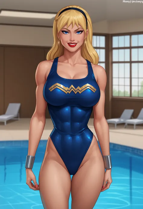 safe_pos, PonyXLV6_Scores BREAK (((parody style, parody:1.2)), perfect anatomy, cowboy shot) 1girl, blonde hair, blue eyes, ((looking at viewer)), hairband, gold one-piece swimsuit, curvy, athletic, standing, indoors, pool, smile, large breasts, standing, ...