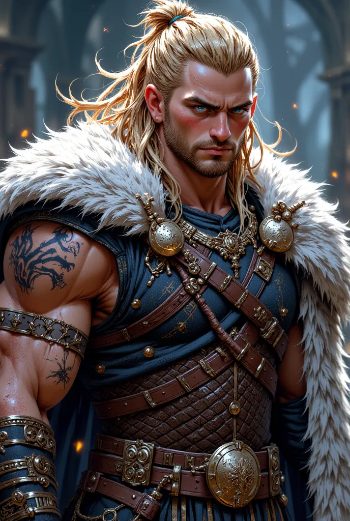 name: Iván Wolfsbane
Nationality: Swedish
Age: 28 years old Height: 1.95 m
Complexion: Robust and muscular, with a physique forged in combat and constant training
Cabello: intense blonde ,  long and messy, with Viking-style braided locks
Eyes: deep blue, w...