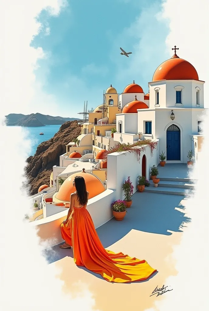 I need a conceptual fashion sketch inspired in Greece, Santorini, all the beauty, and the architecture, use all the colors that represent the place, use different shapes and silhouettes and even textures 