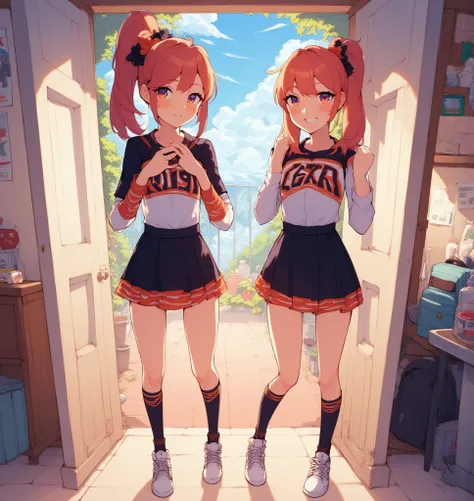 2 sisters, full portrait, anime style, getting ready for school, cheer outfit