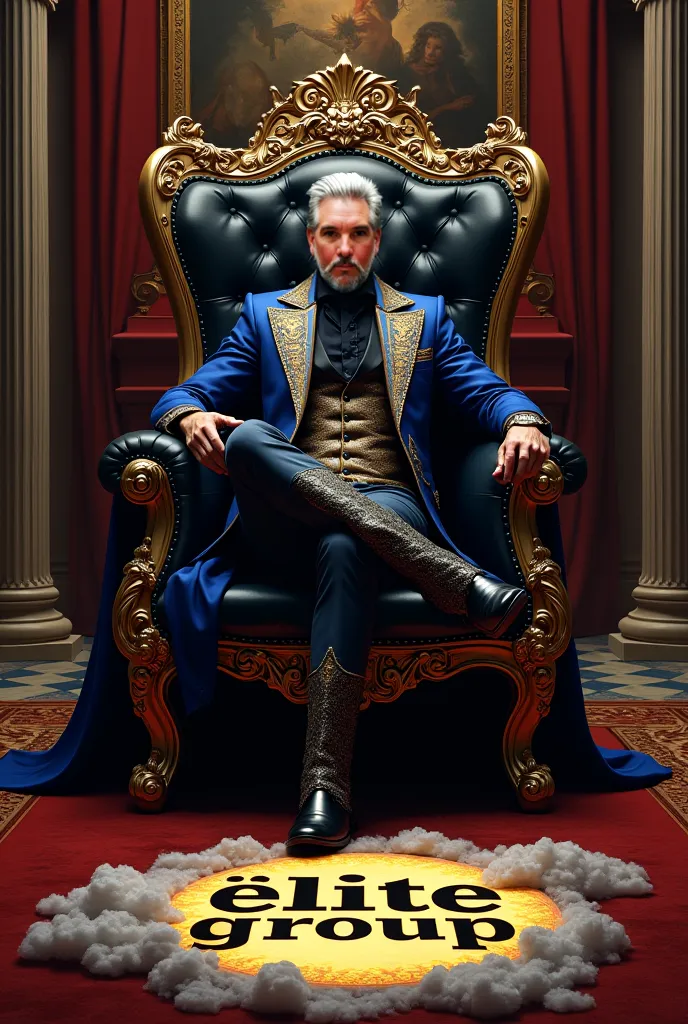 A manly man with white skin, very short silver hair well groomed and brown eyes wearing a royal blue or gold baroque suit,  black shirt, high black and gold boots, sitting on a black throne sofa with golden, with her leg crossed , a, his side clutched on t...