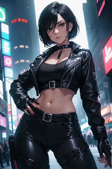                    a beautiful woman           ,      30 years,           With short black hair bob style,    black eyes ,   open in front   ,  combining black leather jacket with short black blouse with navel showing underneath, tight pants  , fingerless ...