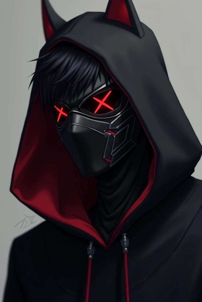  Make a male anime character,  with a black mask that covers the entire face , on the mask it must have red details in the eye area, It must have a black hood, and try to make the character as nocturnal as possible 