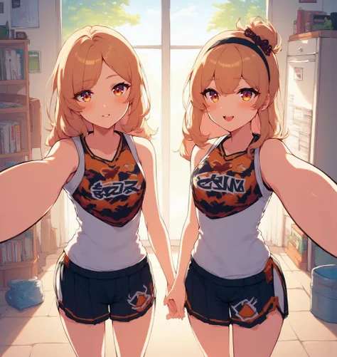 2 sisters, full portrait, anime style, getting ready for school, cheer outfit