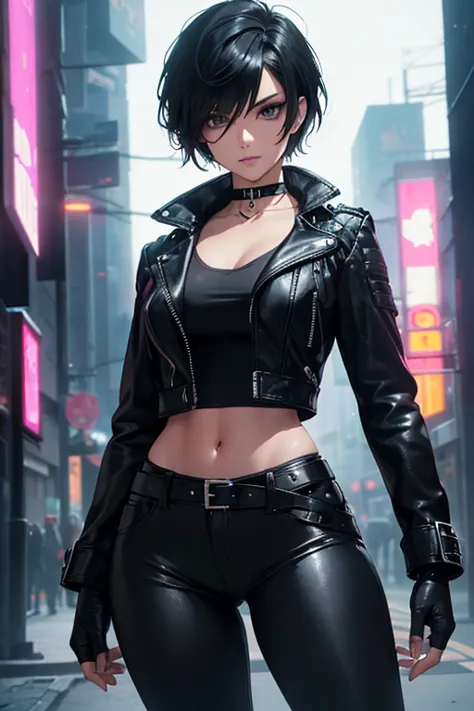                    a beautiful woman           ,      30 years,           with short black hair Pixie style black eyes ,   open in front   ,  combining black leather jacket with short black blouse with navel showing underneath, tight pants  , fingerless an...