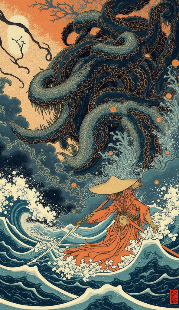 an ukiyo-e depiction of a giant flying kraken with supernatural powers and weapons fighting against a goddess unknown hooded strawhat swordwoman. both figures have japanese motif of curly cloud swirling on their body. 