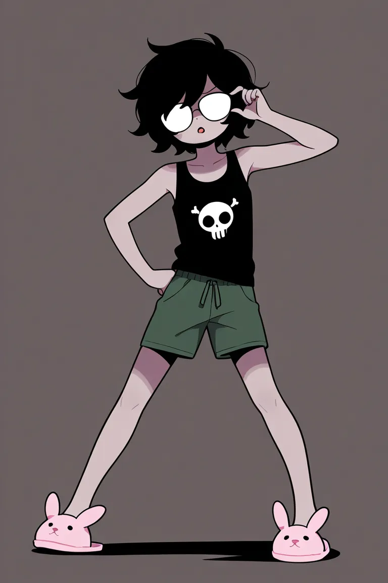  A black character , with black dreads, wearing a black tank top with skull print, wearing dark green shorts, pink rabbit slippers. On the face square black glasses on the face. in the style of the cartoon "  Adventure Time  " 