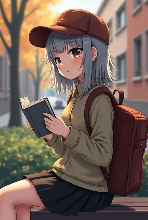 A girl with a clever look and gray hair is sitting on a bench in perk, and eyes on her are a brown cap and a brown backpack in the back. There is a gray book in one hand and coffee in the other and a brown building in the back of her 