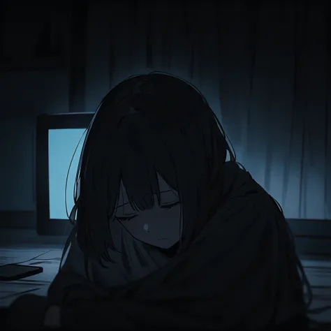 Short shot of a crying young woman sitting in the dark on the floor of her room, her face is illuminated by the screen of her phone,  Sad atmosphere , Cinemaic.