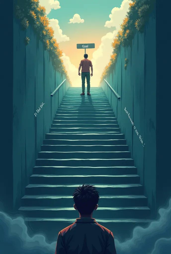 A split-image illustration with two contrasting scenes.

In the first scene, a man gazes anxiously at a massive, seemingly endless staircase, with a sign at the top that reads "Goal." His posture reflects exhaustion and worry, and the environment is domina...