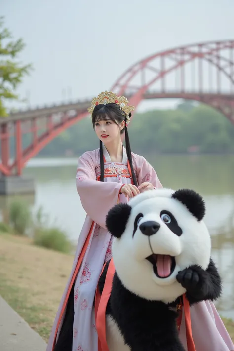 A woman in a traditional costume is running on a panda, Rainbow Bridge in the background, Hanfu, looks at one woman, palace ， A girl in Hanfu, navy,Hanfu, Wuxi, Full body martial arts, Carafe woman wearing old Chinese clothes , Cyansia Fantasy,  ancient Ch...