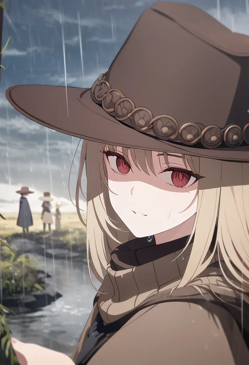 masterpiece,The best quality, depth of field,8K,looking at the spectator,blond hair,red eyes,light brown rain showers,dark brown poncho,ten gallon brown hat,brown leather sweater, elegant,wseifuku ,Giel,sky,Brown-haired,moors,western border,Rolling plant r...