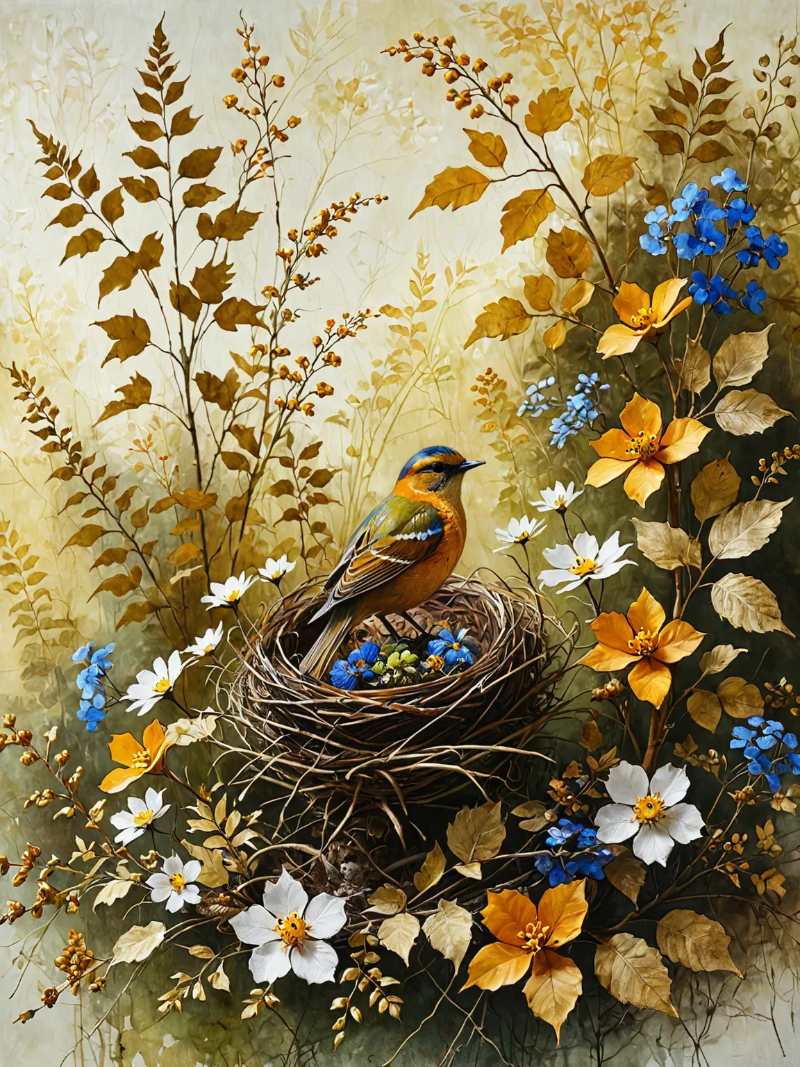 bird on the nest,  leaves, Stems, flowers hot batik,пэчворк botanicals,abstract ornament,   Macro , grotesque, 
 baroque, the forest, LIGHT, airy, gently, style Yvonne Gilbert +  Klimt +Odilon Redon