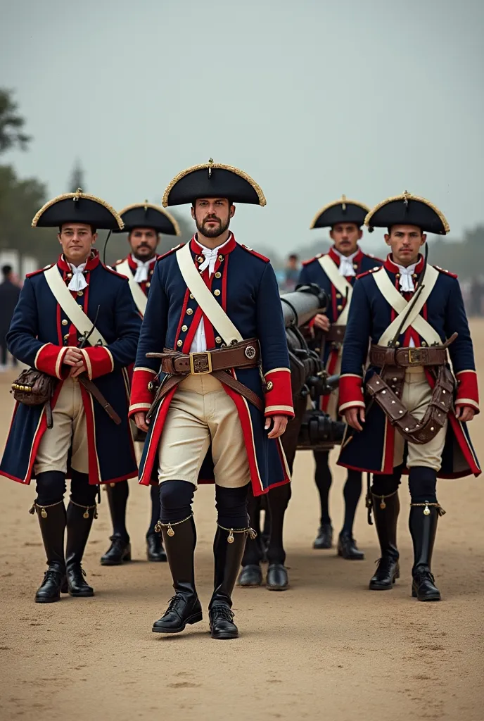 1740 Portuguese artillery: 12-pound cannon with 12 soldiers. Uniforms with blue jackets, lapelas, red cuffs and collars, white vests and shorts, black tricorns with gold edges, white socks, black shoes with buckles. metallic buttons , leather belts and car...