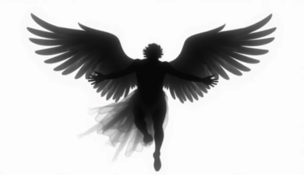 "A dark, ethereal shadow of a male angel in mid-flight, wings fully extended with intricate feather details but appearing as a silhouette. His body is in a dynamic flying pose, slightly tilted forward as if soaring through the air. The shadow is well-defin...