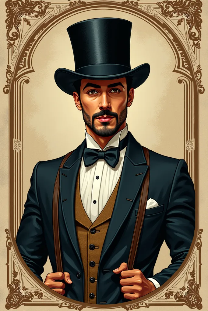 Bottle label, exqusite, best quality, depicting elegant man in formal suit, with suspenders, sideburns and hat