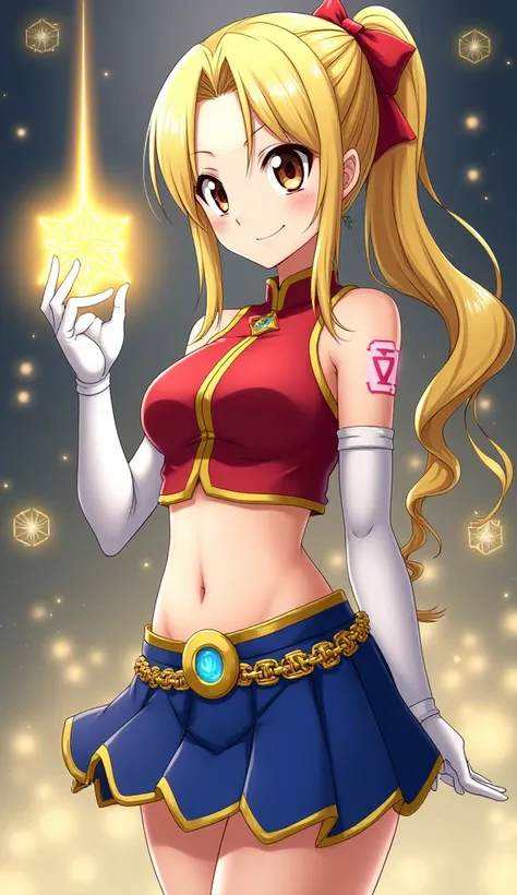  Lucy Heartfilia (Fairy Tail):

 Overall appearance :

Hair: golden blonde,  long and shiny , with a side ponytail tied by a red ribbon. Short, slightly misaligned fringe on the forehead.
eyes:  large and expressive , in a reddish-brown tone, with long eye...