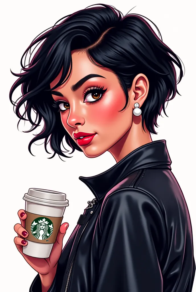 An animated woman with short black hair, wearing pearl earrings, wearing black leather jacket, holding a starbucks coffee. 