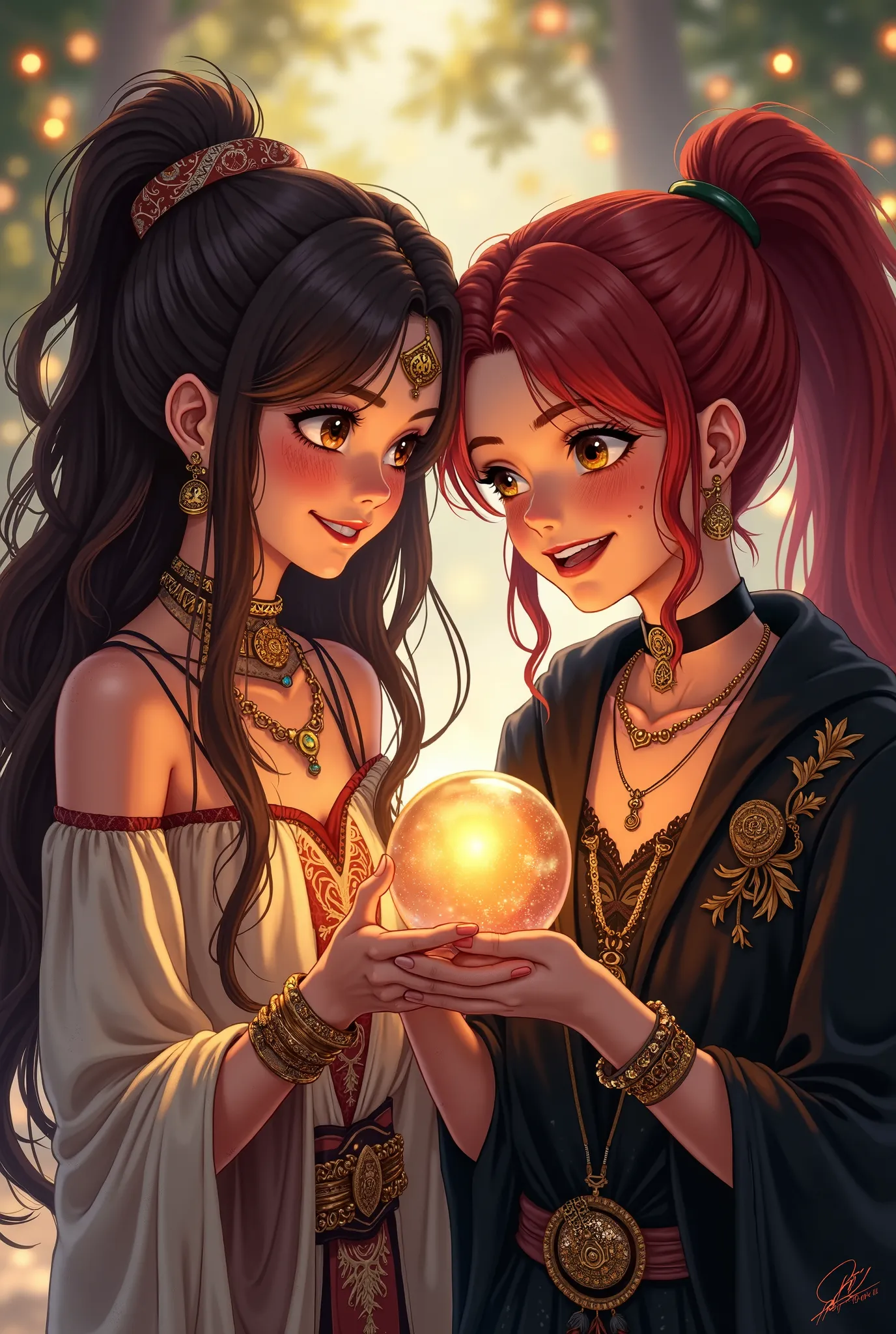 Create an anime illustration of two powerful best friends, a beautiful modern gypsy and a stylish modern witch, laughing together in camaraderie. The gypsy girl has long, wavy dark brown hair, enchanting hazel eyes, and a delicate face with freckles. She w...