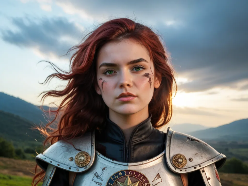 (best quality:1.5), (Masterpiece:1.2), (highly detailed:1.4), (photorealism:1.2), a defiant female 
warrior, with emerald green eyes and long, flowing chestnut hair that cascades untamed over her 
shoulders, a battle scar on her face, stands resolutely in ...