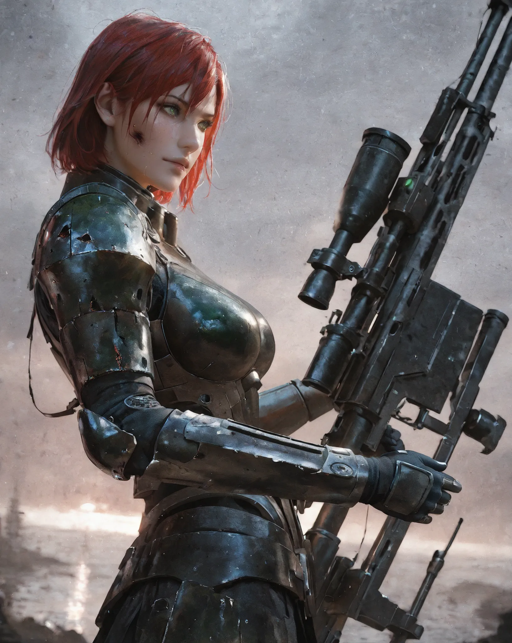 Photograph, photorealistic, 1woman, solo, femshepxl, crimson hair, emerald green eyes, N7 armour, damaged armour, medium breasts, ((all-black) anti-materiel rifle:1.22), shooting from cover 