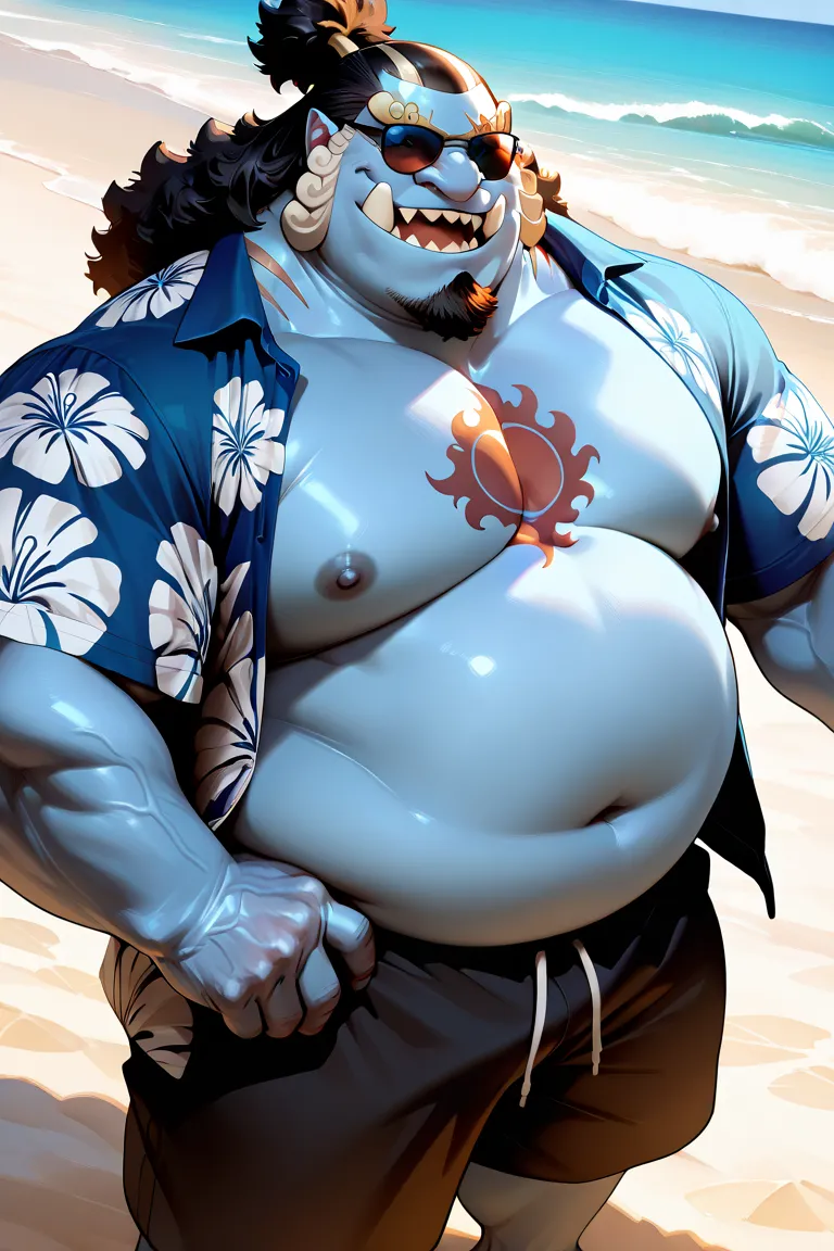 solo, 1boy,jinbe, blue skin, detailed face, beach, smile, Happy, detailed eyes, shorts, chest tattoo, wide shoulder, thick arms, (chubby, belly), wide pectoral, muscle, short hair:1.2, detailed eyes, focus eyes, sunglasses, hawaiian shirt, masterpiece, sem...