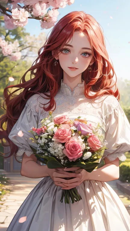 Bouquet of red roses and gypsophila petals fluttering
1 girl, long hair, smiles, Red hair, long hair, hair flower, bouquets,Vertical Roll, smiles, 