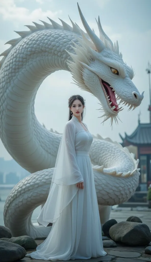 The image depicts a mystical scene featuring a woman and a dragon. 

1. ** Woman**: She stands gracefully in front, wears an elegant white long dress, floating blue . Her costumes are traditional and elegant, that complements the fantasy theme. Her hair is...