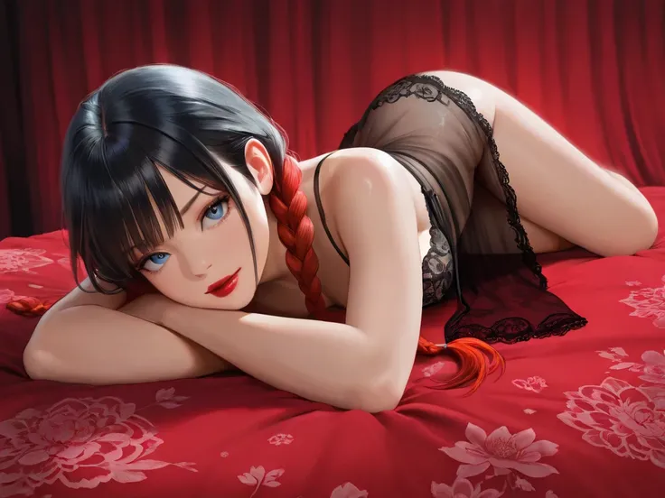 (masterpiece), (ultra high resolution), (extremely intricate), (exquisitely detailed), (photorealistic), girl with long black hair, red hairbraids, (black lace, transparent babydoll), blue eyes, lying on bed in sexy pose, red lipstick, full body, red bed l...