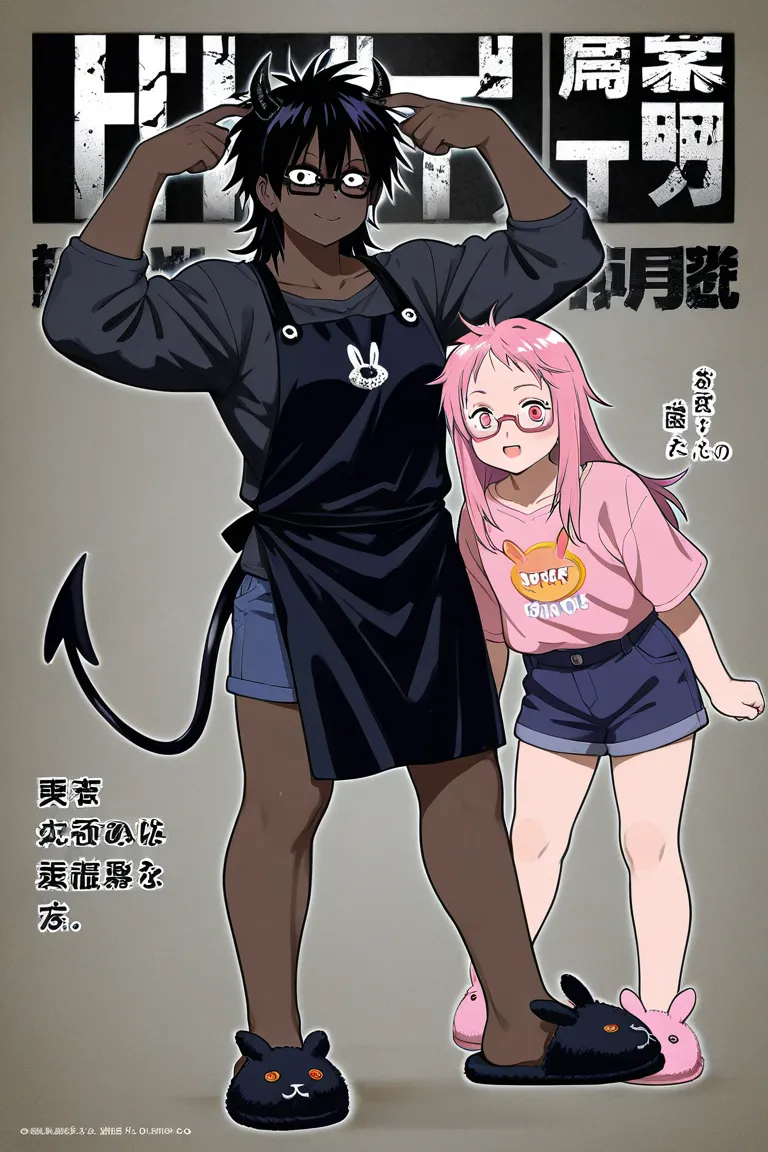 A black-skinned character, With the hair in black dreads, wearing a black apron, wearing dark navy blue shorts, pink rabbit slippers. square black glasses on the face. With small black horns on their heads and a black demon tail  .In the style of the manga...