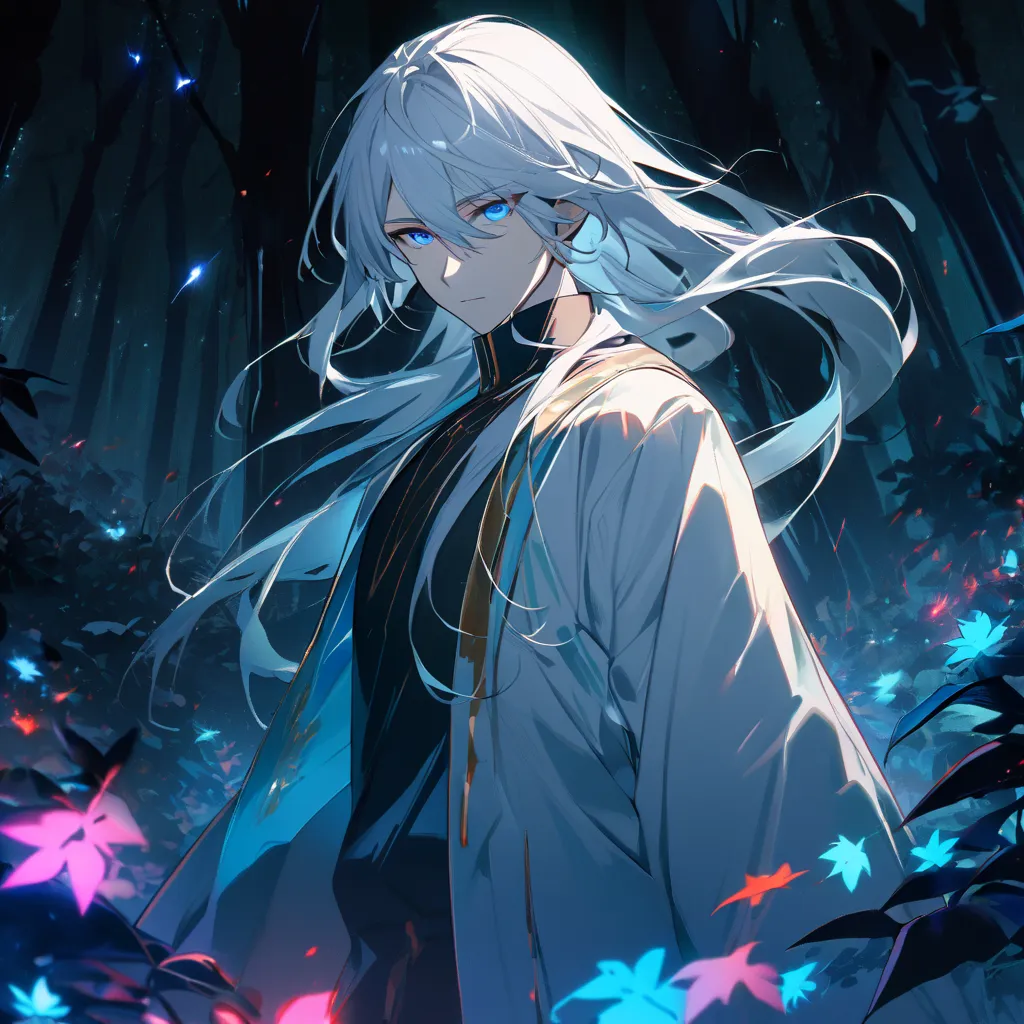 1 boy, 25 years old man, neutral face, pure white hair, long hair, glowing light blue eyes, dark forest, night, bioluminescent forest, glowing tree leaves, cosmic sky, red energy lines around him, far view