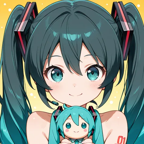 Mara happily hugs the Hatsune Miku plush doll, with her head slightly tilted and a smile on her face. Mara's features are: curly black hair with blue tips