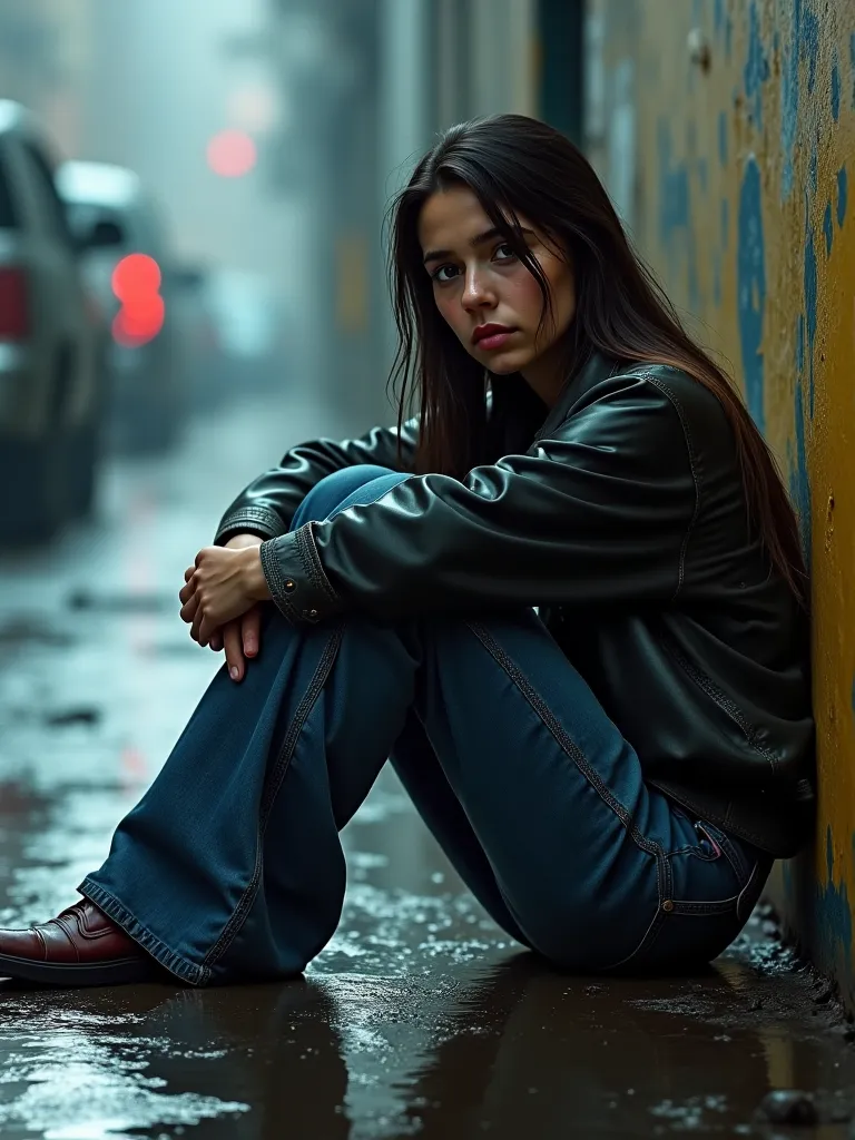 Beautiful young homeless woman wearing mega-flare jeans sitting on the wet floor muddy marks and a lot of rainHigh resolution, quality, Ultra HD,  Textured Skin , better quality, 