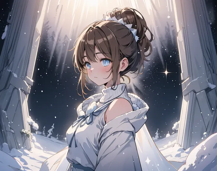 「Fantastic Snow Forest、a young woman staring at the silhouette of a man floating vaguely。Soft Brown Hair Up to His Shoulders、White Sweater and Skirt。The outline of a man sparkles like stardust、An Ephemeral Disappearing Being。The background is mixed with pa...