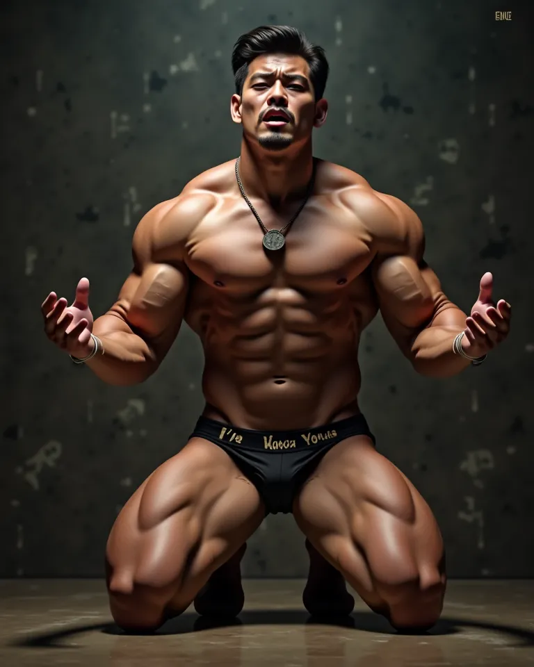 Make a photo of a muscular handsome young asian male (very athletic body, tall body large and stocky, very large muscles undefined) kneeling and cradling her employer behind. His facial expression was sad, crying, with tongue protruding out,  Looking ahead...