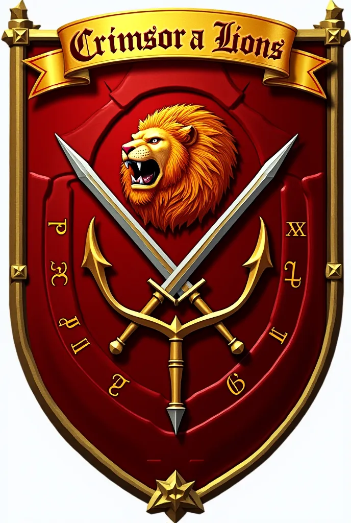 A medieval shield with a golden outline shows in the center a roaring crimson lion, symbolizing strength and leadership. Behind him, three crossed weapons represent the guild classes: a sword for warriors, a bow for archers and a magic staff for sorcerers....