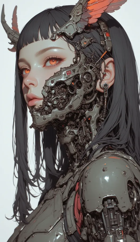  female model 、Close-up view of a ,    girl, female lock, Girl in cybernetic armor Mecha , Skeletal face, mecha,Aoshima Chiho color scheme  ,  Angular Winged Armor  , sharp details,   Mecha action figure  ,  by maciej kuciara ,  There is a house made of su...