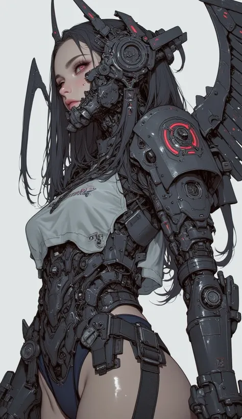  female model 、Close-up view of a ,    girl, female lock, Girl in cybernetic armor Mecha , Skeletal face, mecha,Aoshima Chiho color scheme  ,  Angular Winged Armor  , sharp details,   Mecha action figure  ,  by maciej kuciara ,  There is a house made of su...