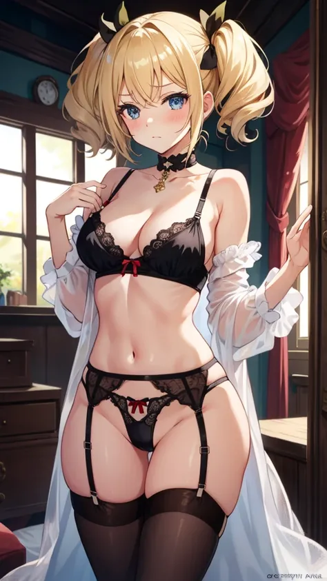 {{{masterpiece}}}, {{{best quality}}}, {{super detailed}}, { illustration of a woman with a penis }, {{very delicate and beautiful}}, {{{blond with a big face}}},{twin tails},{short hair},{ lingerie red},{garter belt},{panties stockings black}8k, nsfw, Lil...