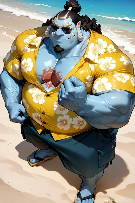 solo, 1boy,jinbe, blue skin, detailed face, beach, smile, Happy, detailed eyes, shorts, chest tattoo, wide shoulder, thick arms, (chubby, belly), wide pectoral, muscle, short hair:1.2, detailed eyes, focus eyes, sunglasses, yellow hawaiian shirt, masterpie...