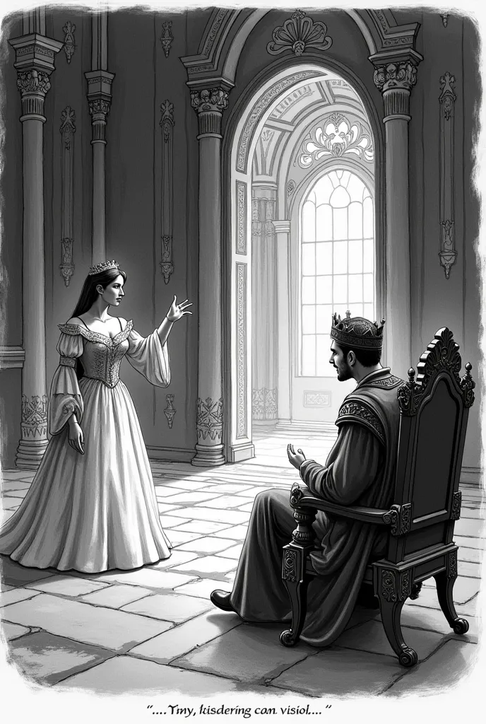 An elegant queen gestures toward the grand but empty castle hall, describing her vision of stained-glass windows and luxurious furnishings. The hesitant king, seated on an ornate but simple throne, scratches his head in uncertainty. The illustration should...