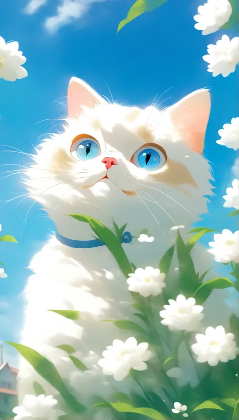 looking_at_viewer, blue_eyes, flower, outdoors, sky, day, cloud, blue_sky, no_humans, animal, cat, white_flower, realistic, animal_focus, white_cat