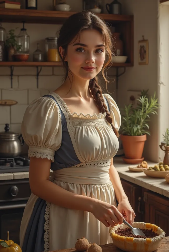 Young housewife
European look 
high neck house dress with apron 