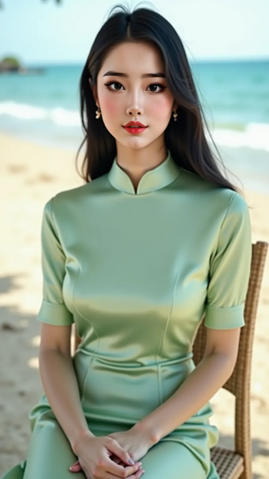 A highly detailed, ultra-realistic photograph of a sophisticated Vietnamese woman, 18 years old, wearing a traditional silk áo dài in soft sage green, sitting gracefully on a chair at the beach. She has long black hair, porcelain skin, and delicate facial ...