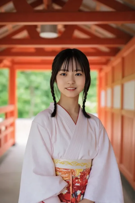 {
  "prompt": "A portrait of a young Japanese miko (shrine maiden) standing in a traditional Shinto shrine. She is wearing a white kimono with red hakama, and her long black hair is tied up in a traditional style. She is smiling softly and looking directly...