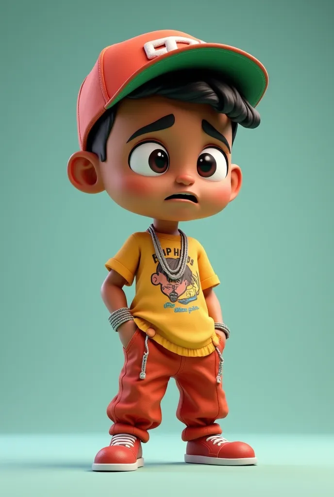 A young 3D cartoon character with brown skin, dressed as a hip hop singer, his expression is very much anxious. Solid color background.