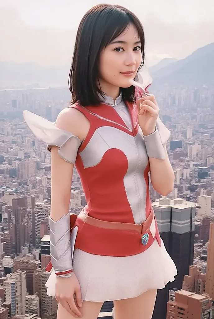   Front View from Below 、赤のUltramanスーツ、big breasts、 long hair、Ultraman、Genuine、Genuineistic、cinematic lighting、girl in a shiny red and silver suit、、Professional Photos、don't expose my skin、Japanese models、Japanese CGI、Ultramanスーツ、、 Power Rangers suit、 tigh...